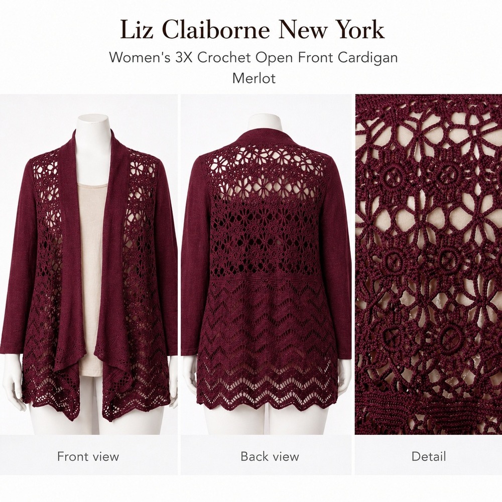 Liz Claiborne New York Womens 3X Crochet Open Front Cardigan Merlot A235543 NWT